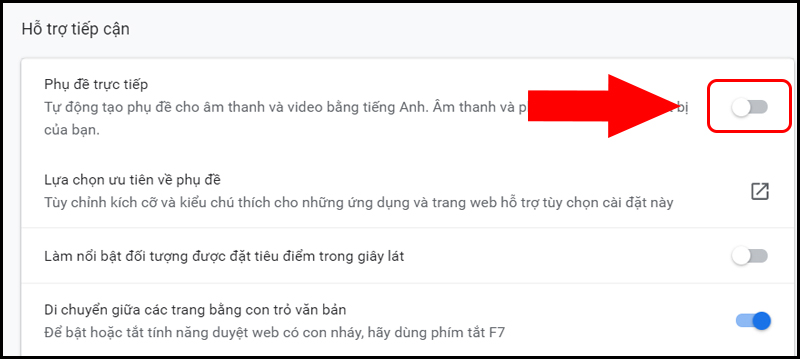 Kéo thanh trượt sang trái để tắt phụ đề trực tiếp